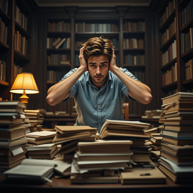 Overwhelmed by Books Student Stress Academic Pressure in the Library 11zon