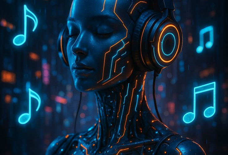 Cyberpunk AI Aesthetic 🎧 Neon Music Vibes Futuristic Digital Art 736x500